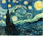 星夜 荷兰 梵高 1890年6月 油画 73.7厘米X92.1厘米 纽约现代艺术博物馆  作为表现性的后印象主义画家梵高的作品，这幅画有很强的笔触。油画中的主色调蓝色代表不开心、阴沉的感觉。很粗的笔触代表忧愁。画中景象是一个望出窗外的景象。画中的树是柏树，但画得像黑色火舌一般，直上云端，令人有不安之感。天空的纹理像涡状星系，并伴随众多星点，而月亮则是以昏黄的月蚀形式出现。整幅画中，底部的村落是以平直、粗短的线条绘画，表现出一种宁静；但与上部粗犷弯曲的线条却产生强烈的对比，在这种高度夸张变形和强烈视觉对比中