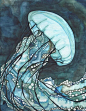 AQUA海荨麻水母8.5 x 11英寸深蓝色的绿松石和蓝绿色的海藻绿，海洋的海洋果冻...详细水彩作品打印： 