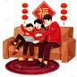 中国风元宵节一家人沙发上嬉戏插画
