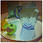 karen o’neil blue, glass, pastel, transparent, bold, reflection, kitchen, food, still life, apple, pears