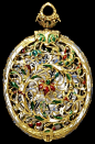 Watch and pair case 1625-1640 (made) after 1625-1650 (altered) Enamelled gold watch case, engraved on the case the Stuart Royal Arms in Garter, with crested helm and supporters, and monogram ‘C.R.’, inscribed ‘This watch was a present from