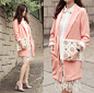 Romwe Salmon Pink Blazer, Jovonnista Charlie Shirt, Romwe Crochet Skirt, Valentino Dusty Pink Ankle Boots