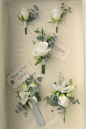 Classic White Rose and Eucalyptus Buttonholes & Corsages by Wedding & Events Floral Design www.weddingandevents.co.uk North Yorkshire Wedding Flowers