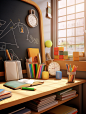 a set of school supplies and books with a blackboard in the background, in the style of daz3d, colorful animation stills, design/architecture study, rendered in unreal engine, bengal school of art, engineering/construction and design, light brown and whit