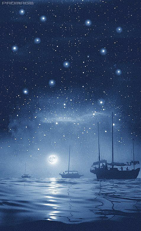 素锦插画小说封面素材星夜海洋船只明灯