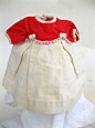 Vintage-Sweet-Red-and-White-Pique-Doll-Dress-with-Lace-Bows-8-Inches-Long