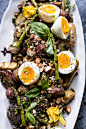 Grilled potato salad with almond basil chimichurri and 7 minute eggs