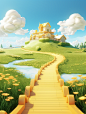a gold house and gold path over a green grass landscape, blue sky, in the style of cartoon-inspired pop, cinematic sets, dao trong le, duckcore, light gold and gold, ferrania p30, multilayered realism