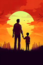 silhouette of a man in the sunset with his 8-year-old son. father's day, graphic, love, pastel