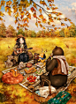 秋日的野餐，美美的心情，来一首小曲助兴吧 ~ 来自韩国插画家Aeppol 的「森林女孩日记」系列插画。