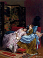 Auguste Toulmouche（1829年9月21日 至1890年10月16日)，法国著名画家。作品偏向现实主义题材。画作主题多是描绘室内女性的动人举止、精致的服装和奢华的室内装饰，刻画细腻且情感丰富。拿破仑三世和欧仁妮皇后都收藏了他的画作，对其赞赏有加。
#复古##设计美学##vintage# ​​​​