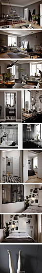 #我爱我家# 这间47 ㎡ 的公寓主要采用了黑白灰三色的主色调与装饰品，小小的空间内软装丰富，造型时尚，不落俗套。