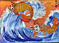 #少儿美术教程参考##创意儿童画##少儿美术# 与巨浪搏斗的鲤鱼 ​​​​