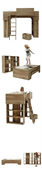 对小户型家庭来说，双层床可大大提升空间的利用率，此外双层床也增加了空间的层次感和趣味性。荷兰Pilat&Pilat设计的这款双层床采用实木制作，包括一张单人床，两个衣柜，两个箱子，一个梯子，以及一个固定在床边（也可以固定在墙上）的箱子。和其它双层床的固定结构不同，这张床采用了模块化设计，除了可以当做双层床使用之外，你还可以把床摆在地上，把两个衣柜拼在一起，变成另一种格局。