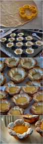 Flower shaped Mini Lemon Curd Tarts ( http://www.the350degreeoven.com/2011/06/pastries-pies/flower-shaped-mini-lemoncurd-tarts/ )