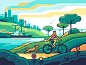 Ecology ship sky dog character bicycle sea factory travel landscape nature color illustration