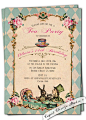 Alice in Wonderland Invitation. Vintage Birthday Tea Party. Mad hatter. Shabby Chic. Tiffany Blue. Printable.