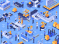 Isometric smart industrial factory. Automated production line, automation industry and factories engineer workers. Industriyal manufacturing teamwork innovation technology vector illustration