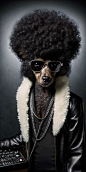 a cool Dog DJing, wearing a black leather jacket and afro, studio lighting, photography by Wes Ander