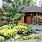 Example of a mid-sized brown one-story wood gable roof design in Orange County