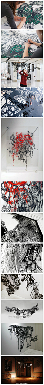 日本剪纸艺术家Nahoko Kojima从一巨大的纸张剪刻出复杂的动物、纹理、和其它的自然现象。其中一些装裱在亚克力框内，还有的悬挂起来像是漂浮起来的纸雕。她的这些作品又是一幅画，又表现的像个雕塑，把剪纸艺术提升到一个三维的空间去展示。