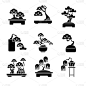 Bonsai tree, isolated, icon set, Japanese miniatur