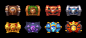 Reward assets, Karine K : Cups, chests, rank and reward icons made for Heroes of Battle Cards game. Made of leather, wood, bronze, silver, gold, obsidian, diamond and lava.