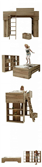对小户型家庭来说，双层床可大大提升空间的利用率，此外双层床也增加了空间的层次感和趣味性。荷兰Pilat&Pilat设计的这款双层床采用实木制作，包括一张单人床，两个衣柜，两个箱子，一个梯子，以及一个固定在床边（也可以固定在墙上）的箱子。