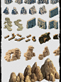 Q版卡通风格石头场景素材 中国风 地形 山体 阶梯 洞穴 废墟 X24-淘宝网