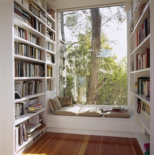 大窗台，飘窗，两侧书架。窗外的大树。