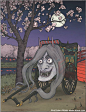 Oboroguruma | Yokai.com:APPEARANCE: On misty, moonlit nights, residents of Kyōto occasionally hear the squeak of an oxcart in the street. Stepping outside to check and see, they discover a half-transparent, ghost-like oxcart with an enormous, grotesque fa