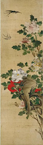 花开富贵，国色天香——历代名家画牡丹<br/>清 陈枚《四季花鸟图屏》牡丹花鸟画立轴<br/>此花鸟屏共八条，绘四季花卉：春桃、夏荷、秋菊、冬梅，配以四时禽鸟。由于作者有西洋绘画的功底，所绘画鸟造型准确，赋色大胆艳丽，栩栩如生。西洋技法加上传统绘画的笔墨意趣，使画面韵律生动，极富表现力。作者为宫廷画家，此八条屏作于雍正丙午，即公元1726年，是年作者因供奉内廷有功，获赏内务府掌仪司员外郎衔。