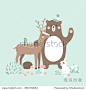 Vector illustration, forest animals, deer, bear, rabbit, hedgehog, bird