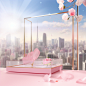 a pink box with flowers in it, in the style of grandiose cityscape views, with white curtains，anime inspired, glass as material, soft and dreamy atmosphere, spectacular backdrops, playful details, spatial concept