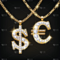 美元和欧元符号的珠宝项链上的金链