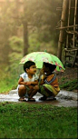 Friends sharing an umbrellas: 