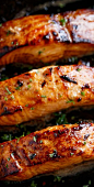 Salmon steaks panfried on Browned Butter infused with garlic and honey;: 