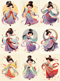 a cartoon, Chinese girl, dancing, Chinese Tang Dynasty clothing, Dunhuang style, chibi, cute, beautiful, blue as main color, bright crossed colors, with full body front view, gold line stroke, by Victo Ngai, delicate feature,16k --ar 3:4

如果人物偏欧美，可以加上trad