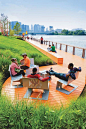 Riverfront Park, Newark, New Jersey unique folded metal seating on the Passaic Riverwalk.: 