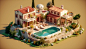 3d model of a house and a swimming pool, in the style of italian landscapes, texture-rich landscapes, puzzle-like pieces, romanticized country life, dotted, terracotta, photo-realistic landscapes