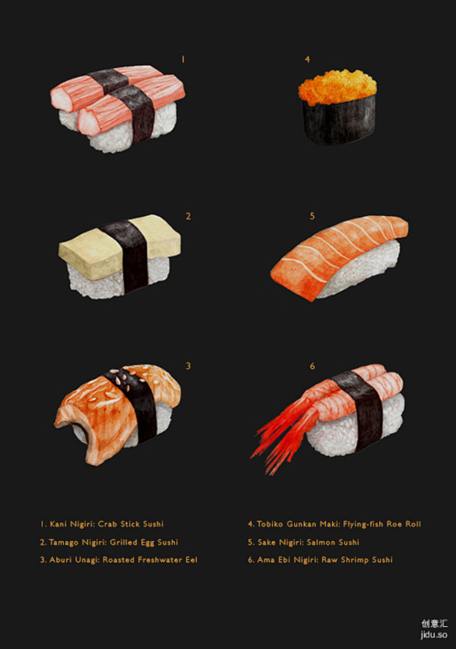 美食插画欣赏，生鱼片、寿司、新日式料理，...