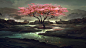 水幻想山云景观樱花树粉红色的单独石块建筑的幻想最先进的数字艺术河流/ 1920x1080壁纸
