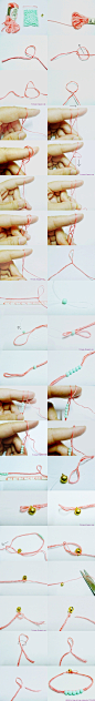 桃紅線+淺綠珠鉤針式編織手鍊，完整教程文字… 