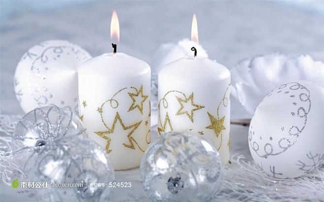 圣诞节喜庆元素蜡烛和圣诞球高清设计背景图...