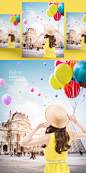 女生拍照多彩气球效果城堡主题海报PSD模板Balloon posters template#ti219a15307 :