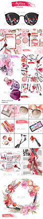 水彩手绘化妆品系列口红刷子香水 EPS矢量海报设计素材 AI149-淘宝网