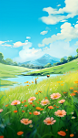 animated cloudy landscape wallpaper in blue, in the style of delicate flowers, orange and green, miki asai, xbox 360 graphics, realistic perspective, lively brushwork, pastoral charm