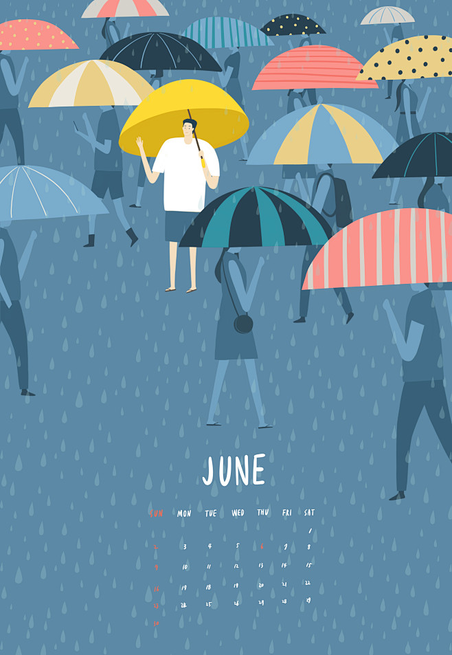 六月雨季 淡彩手绘 闲适活动  手绘日历...