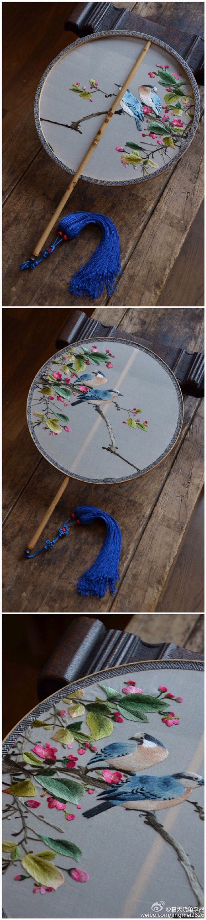 花鸟题材的手绣团扇，湘妃竹柄。