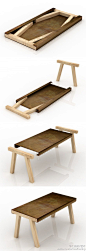 工业设计艺术：“mastro”是一个小型家具，它的灵感来自于传统工匠工作室中的旧工作台或凳子。桌面是用酸蚀铁板材料制作的，两侧各有一个槽，内部可以放两个杉木支架，节省空间便于储存。这两个木桌腿很容易抽出，简单的插接在铁皮桌面上即可使用。尺寸：80 x 160 x 75 cm。设计者：gum design